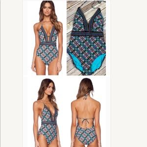 Nanette Lepore Paloma Goddess Black and Turquoise One Piece Swimsuit